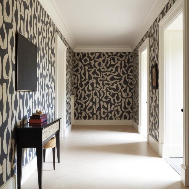 Motivo di carta da parati audace e grafico disegnato da un artista famoso, mostrato in un elegante corridoio.